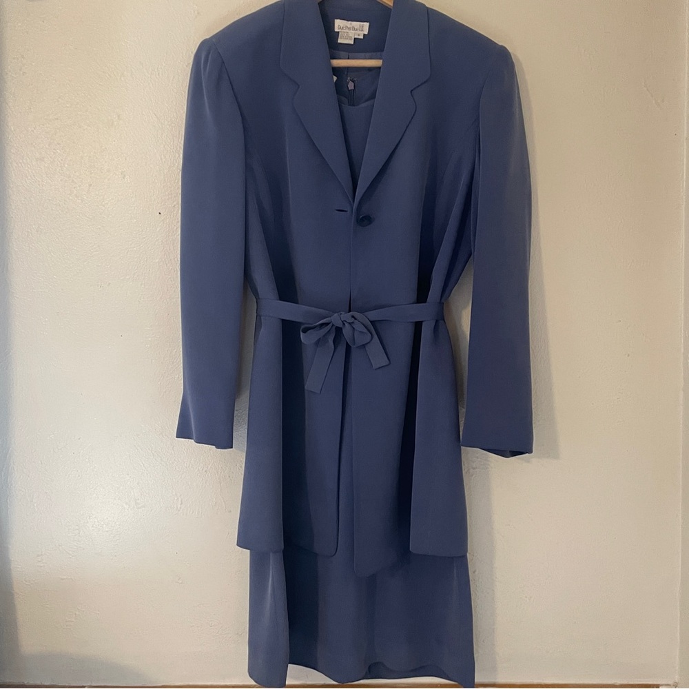 Due Per Due Periwinkle Blue Silk Dress & Tie Jacket Set Size 6